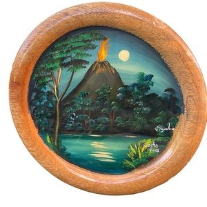 Costa Rica Hand-Painted Volcano Wooden Collector Plate 8”